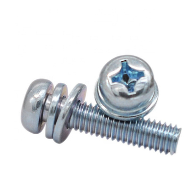 Círculo de cabeza de panela cruzada de acero galvanizado de carbono de zinc azul y blanco con tornillo de resorte de lavadora y tornillo SEM de lavadora plana